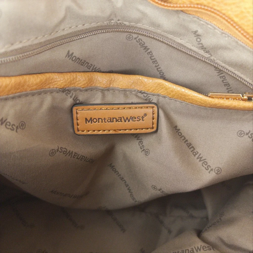 Montana West Tote Bag Camel Whipstitch Western Boho Purse Black Straps Gold Tone